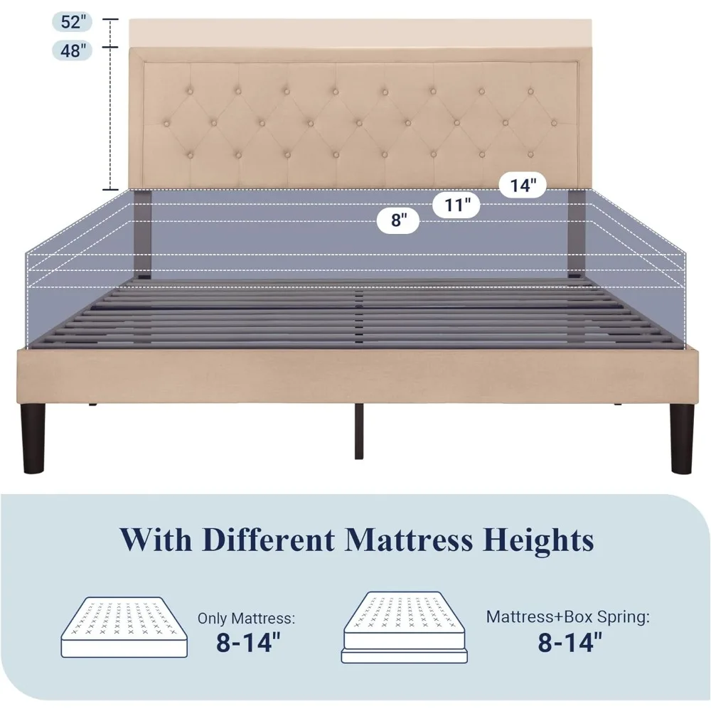 Bed Frame Upholstered Platform Bed with Adjustable Headboard, Button Tufted, Wood Slat Support, Easy Assembly
