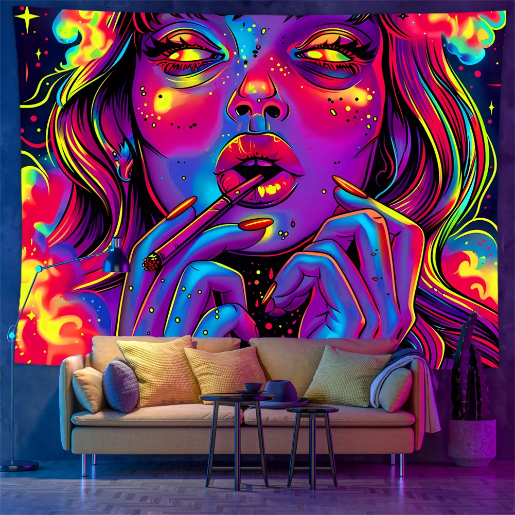 VIKAMA Colorful Psychedelic Pop Art Smoking Cool Girl Tapestry Dark Y2K Atmosphere Bedroom Background Fabric, Home Decor
