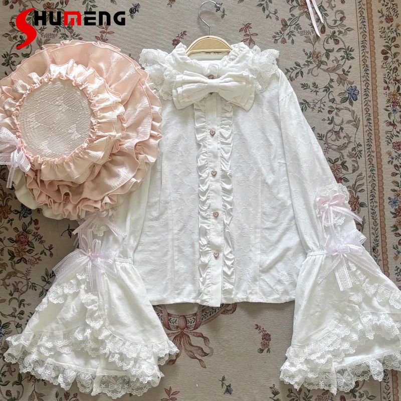 

Japanese Sweet Girl's Lolita Style Bottom Shirt Autumn New Woman's Cute Bow Ji Sleeve Lace Y2k Inner Shirt Tops Blusas Mujer