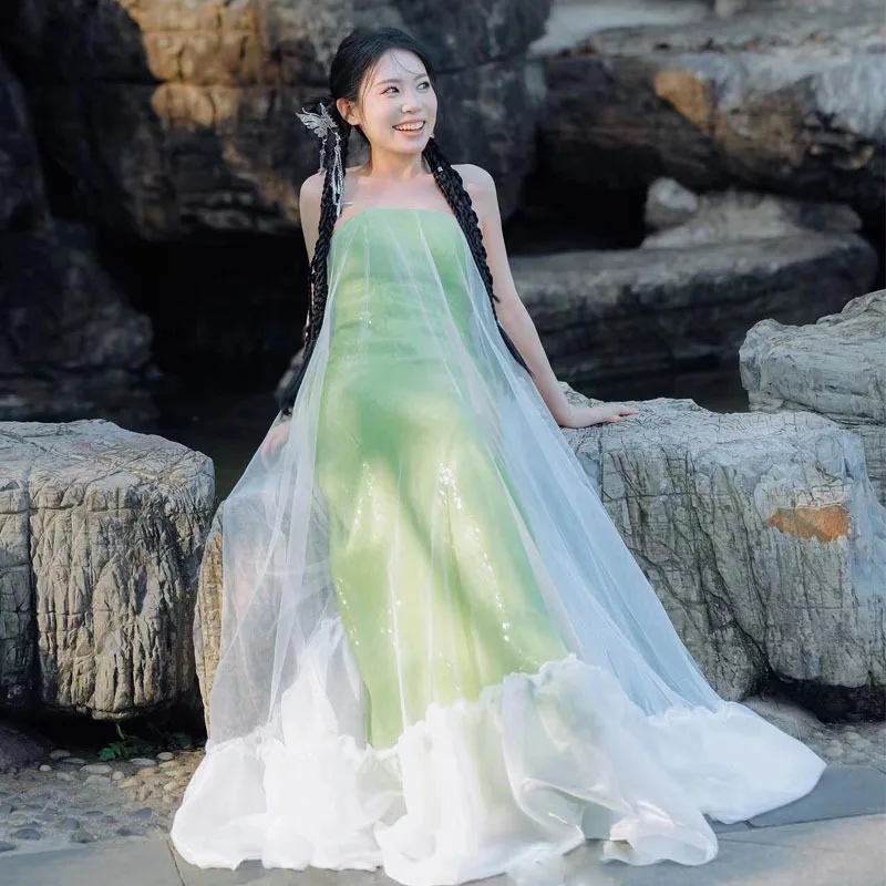 

Мятное волнистое свадебное платье, женское легкое роскошное обручальное платье на бретельках, длинная юбка с высокой талией, No Sve