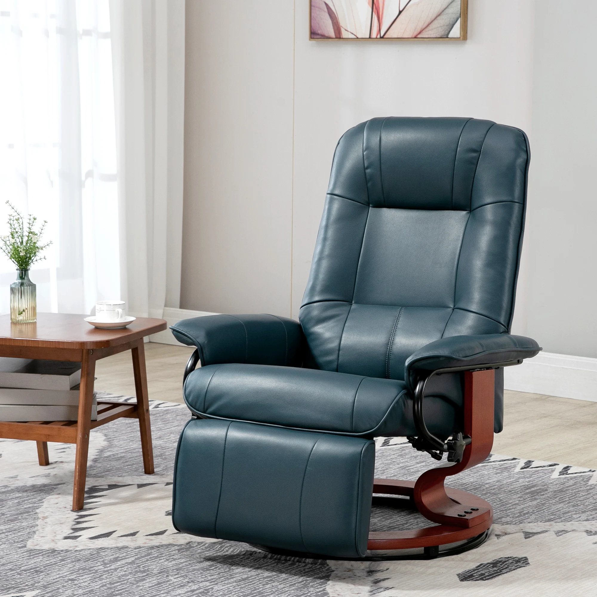 HOMCOM Swivel Recliner Chair, Air Leather Reclining Armchair with Retractable Footrest, Wood Base and Adjustable High Back for Small Spaces, Living Room, RV, Bedroom, Blue