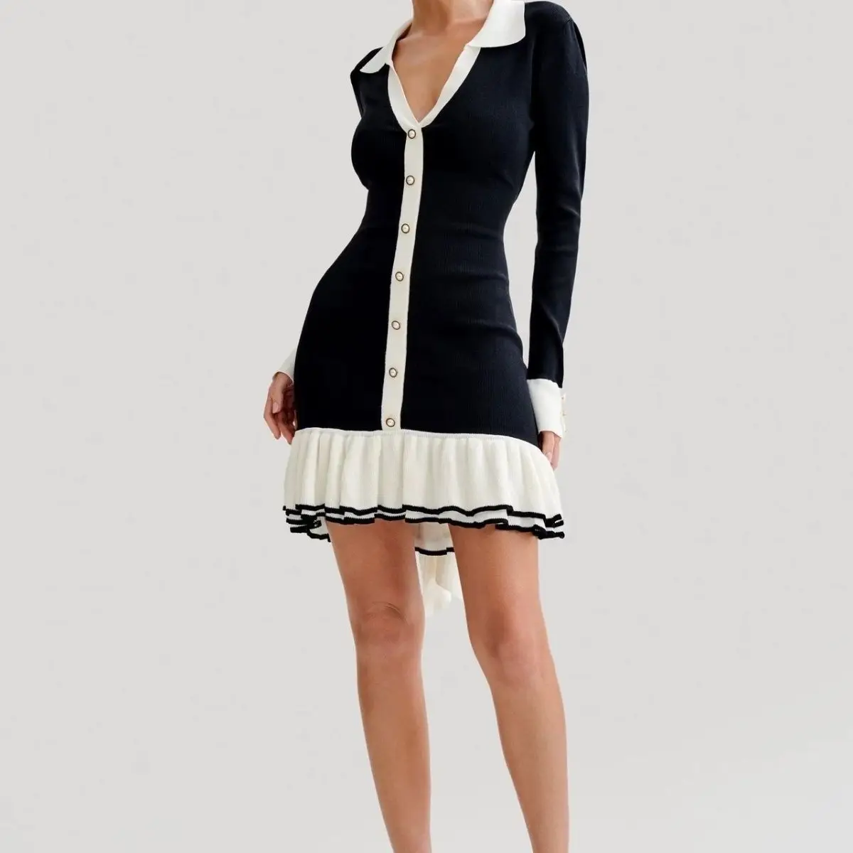 Lapel Bow Strap Lotus Leaf Temperament Knitted Pearl Long-sleeved Fragrant Dress