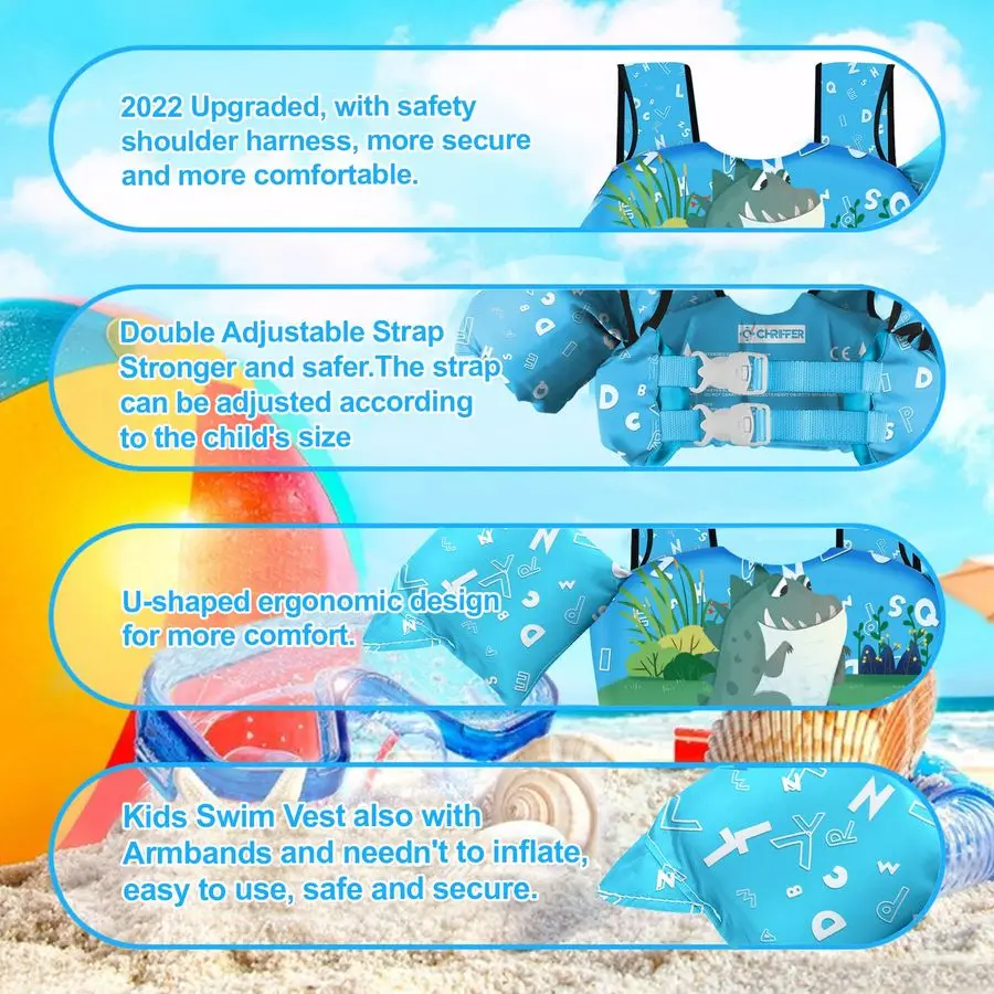 Kamizelka ratunkowa dla dzieci do 138 kg, dla chłopców i dziewcząt, pływaki dla maluchów z szelkami na ramiona i rękawami dla dzieci w wieku 2, 3, 4, 5, 6, 7 lat