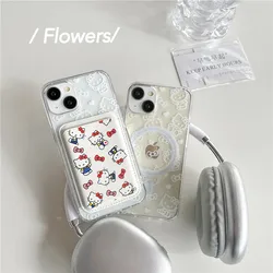 Funny Cartoon Lines Hello Kitty Magnetic Card Wallet Phonne Case For iPhone 15 14 13 12 Pro Max Magnetic Wireless Charging Cover