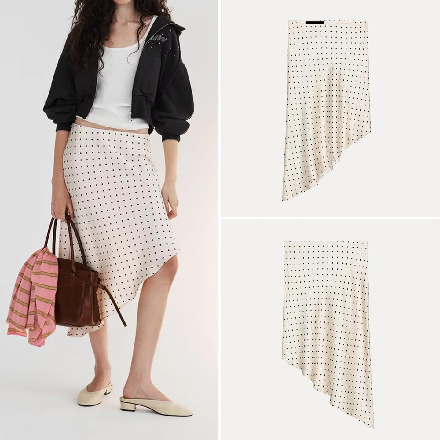 

Модная асимметричная юбка миди в горошек из шелка для женщин, универсальная модель, зима 2025, новинка