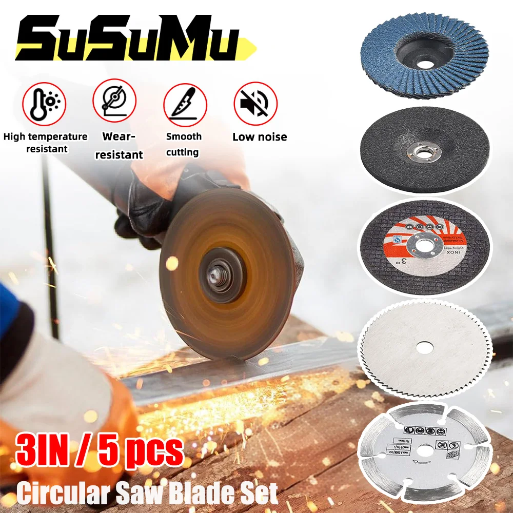 5Pcs 3-Inch Stainless Steel Circular Saw Blade Set with 75mm Grinding Disc Durable Steel Structure Chain Saw Disc Blades Cutting
