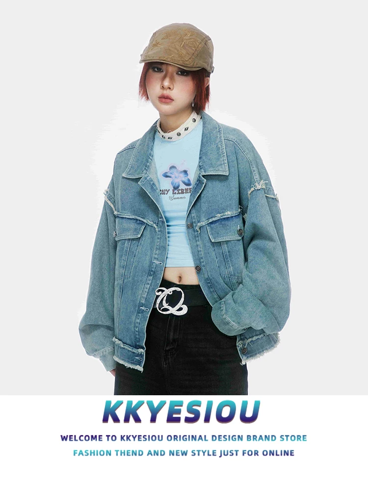 

Женская укороченная джинсовая куртка KKyesioou в американском ретро-стиле, с высокой талией, из выцветшего и потертого хлопкового бленда, для уличной моды