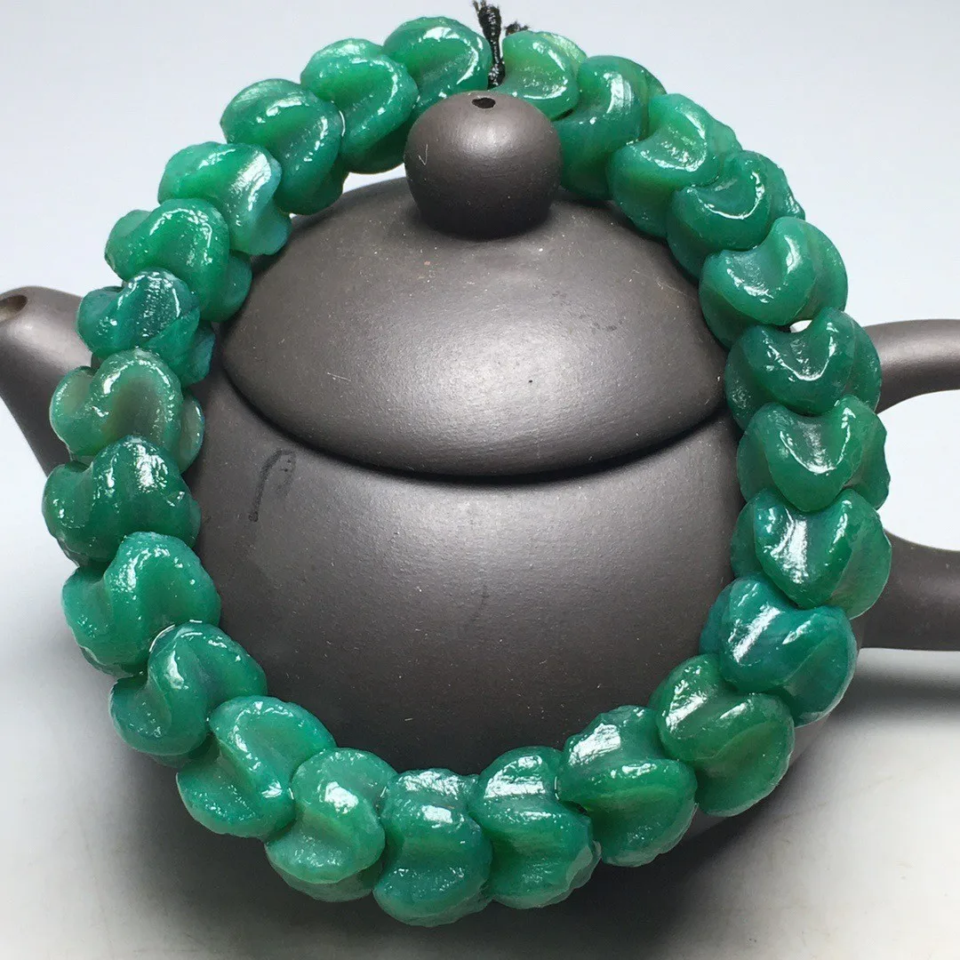 Tibetan Natural Green Old Agate Dzi Snake Bones Bead Amulet Bracelet S0326