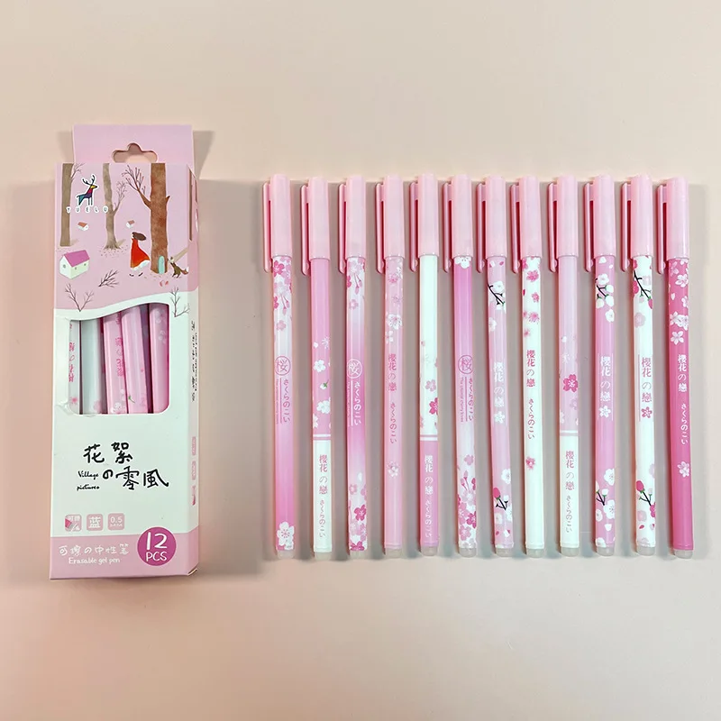 

12 pcs/box Of Cherry Blossom Erasable Pen 0.5mm Blue Ink Gel Pen Set Kawaii School Writing Tools Gel Ink Pens for Office Supply