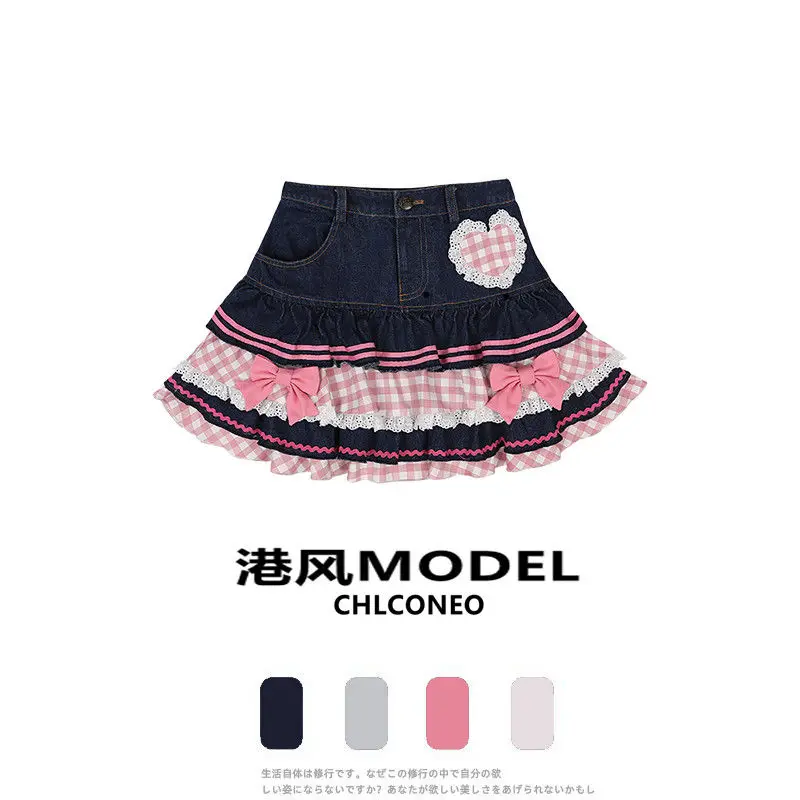 Bonito menina amor denim saia para as mulheres verão novo arco solto todos os jogos borda de renda a linha mini saia doce picante menina y2k jean saia