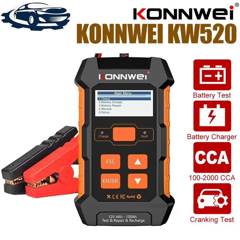 

KONNWEI KW520 12V 10A 24V 5A Automatic Car Truck Battery Tester Charger Lead Acid Car Battery Pulse Repair Tool AGM Gel Lithium