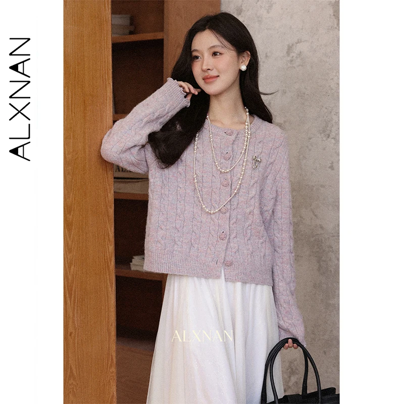 

ALXNAN Pink Purple Cardigan Round Neck Chic Flower Button Women's Sweaters 2025 Autumn Winter Long Sleeve Knitted Tops L57327