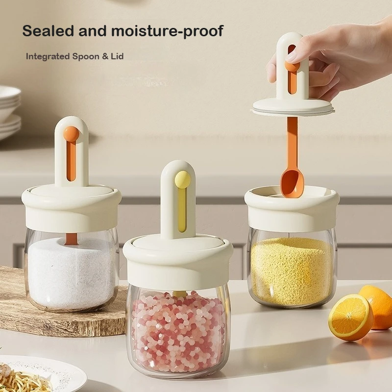 Kitchen Glass Seasoning Bottle With Retractable Spoon Multifunctional Leak Proof And Moisture-Proof Salt Jar Seasoning Bottle