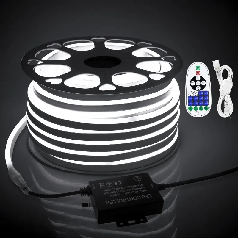 45 متر في الهواء الطلق النيون LED حبل أضواء مقاوم للماء 150ft التيار المتناوب 110 فولت ~ 130 فولت الباردة الأبيض النيون LED مرنة حبل ضوء مع وحدة تحكم عكس الضوء