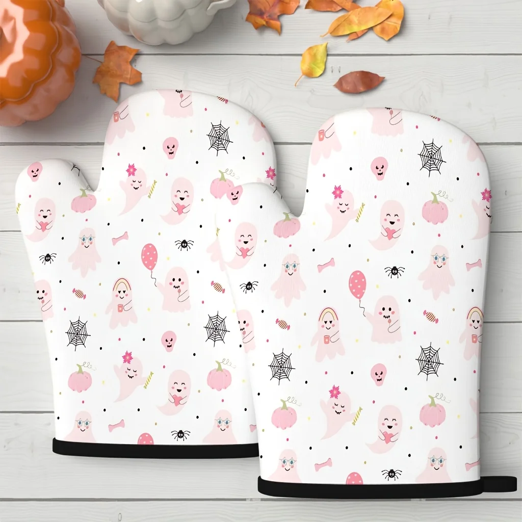 2pcs Oven Mitts with Light-White Tiny Pink Dot Sweet Easy Texture Pattern- Heat-Resistant Kitchen Gloves, Mittens