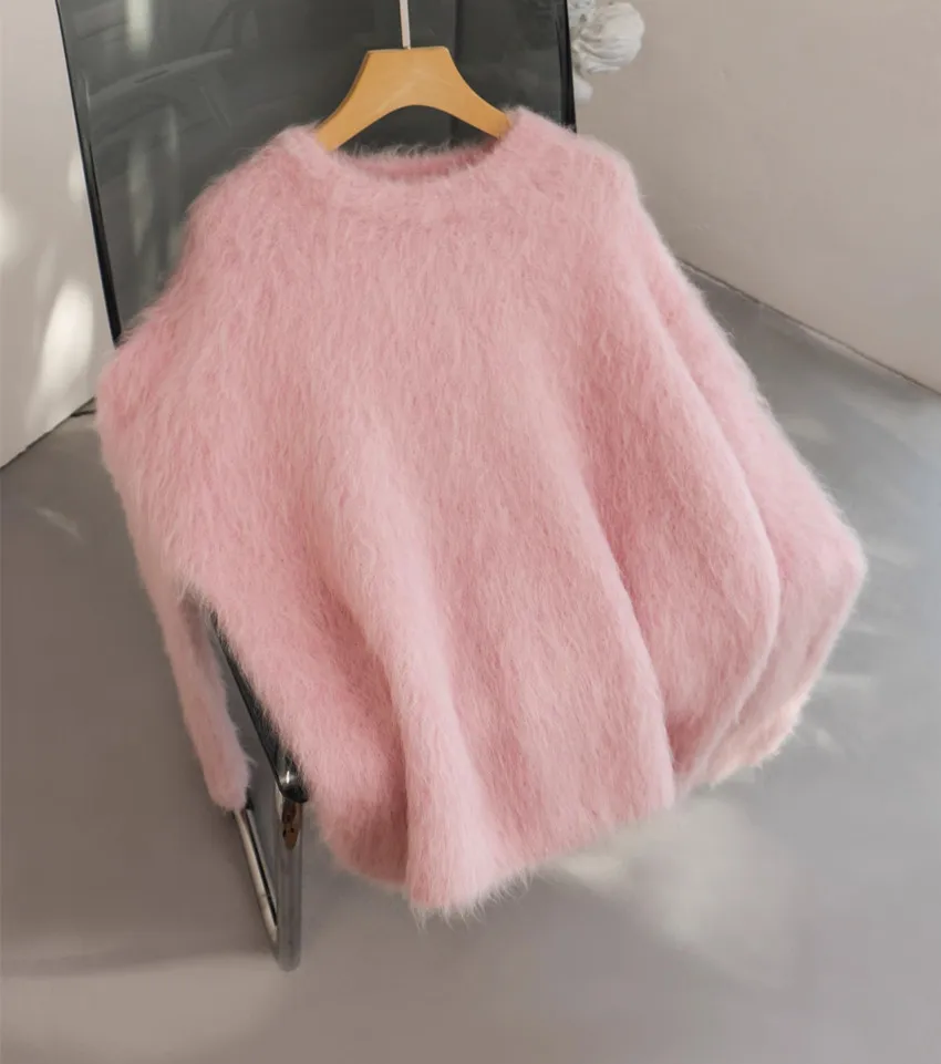 2024 New Fashion Oversize Autumn Winter Yellow Soft Mohair Sweaters Jumper Lazy Women O Neck Thick Knitted Warm Loose Pullover