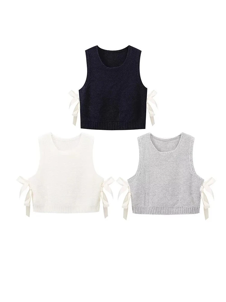 Women's Short Pullover Sweater Vest with Bow Side Buttons Detail in 3 Colors