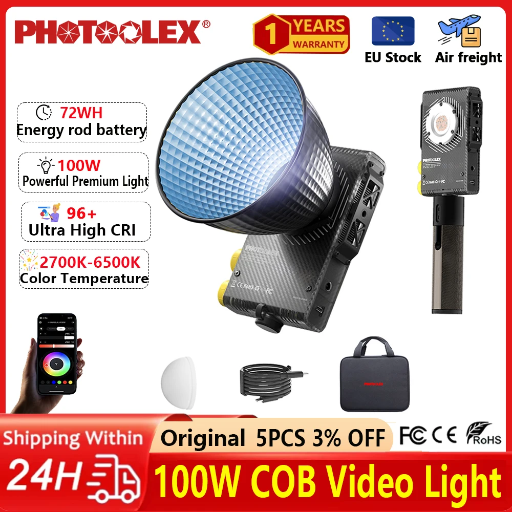 

PHOTOOLEX 100W Full Color RGB LED Video Light APP Control Portable 72Wh Battery Grip for Photography Recording Outdoor Shooting