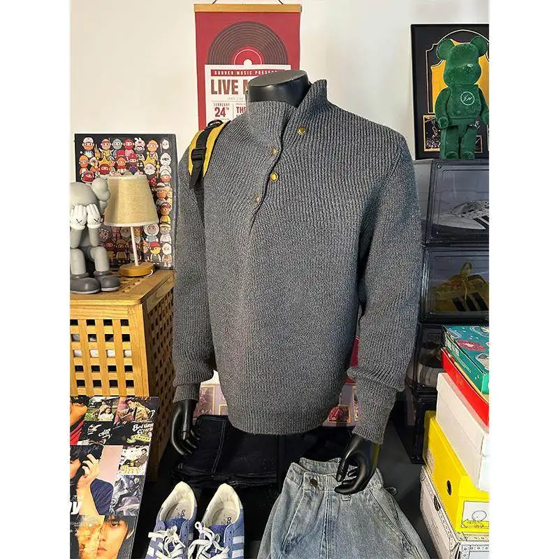 

Новый китайский мужской вязаный свитер с высоким воротником, зимний дизайн, модная пряжа, косые рукава, повседневный стиль, полиэстер