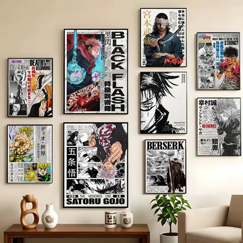 Popular Japanese Classic M-Manga Series Retro Newspaper Style Anime Poster Canvas Painting Wall Art Pictures Home Decor