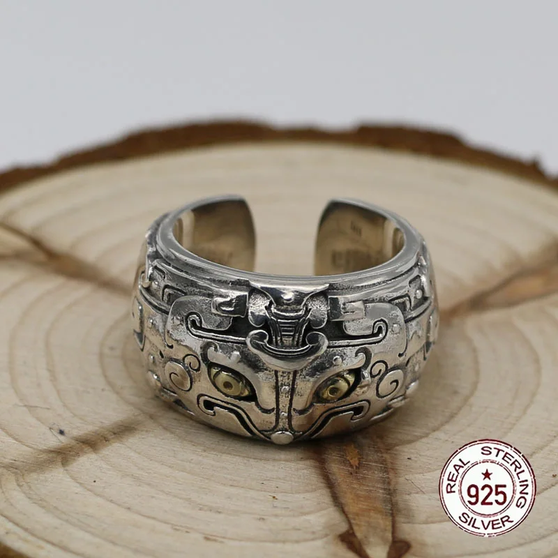 S925 Sterling Silver Ring Handmade Personalized Divine Beast Texture Classic Retro Trendy Open Ring