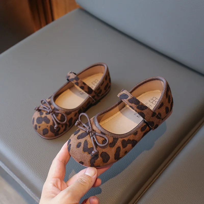 Zapatos planos con estampado de leopardo para niños, calzado con lazo de gancho poco profundo, suela suave de PU, Mary Janes