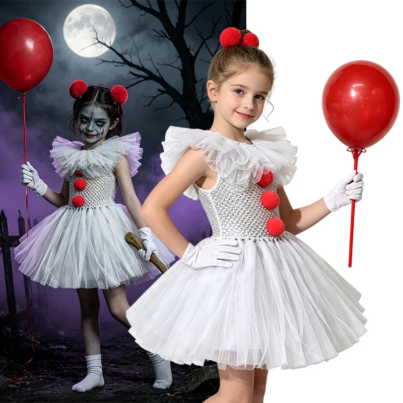 Kids Halloween Clown Cosplay Costume Tulle Tutu Dress Girls Scary Theme Fancy Dress Outfit with Accessories for Party Role Play
