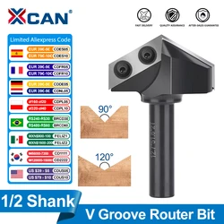 XCAN Milling Cutter V Groove Router Bit 90 120 Degrees 1/2 Shank V Slot Wood Planer Bit with Carbide CNC Insert Woodworking Tool