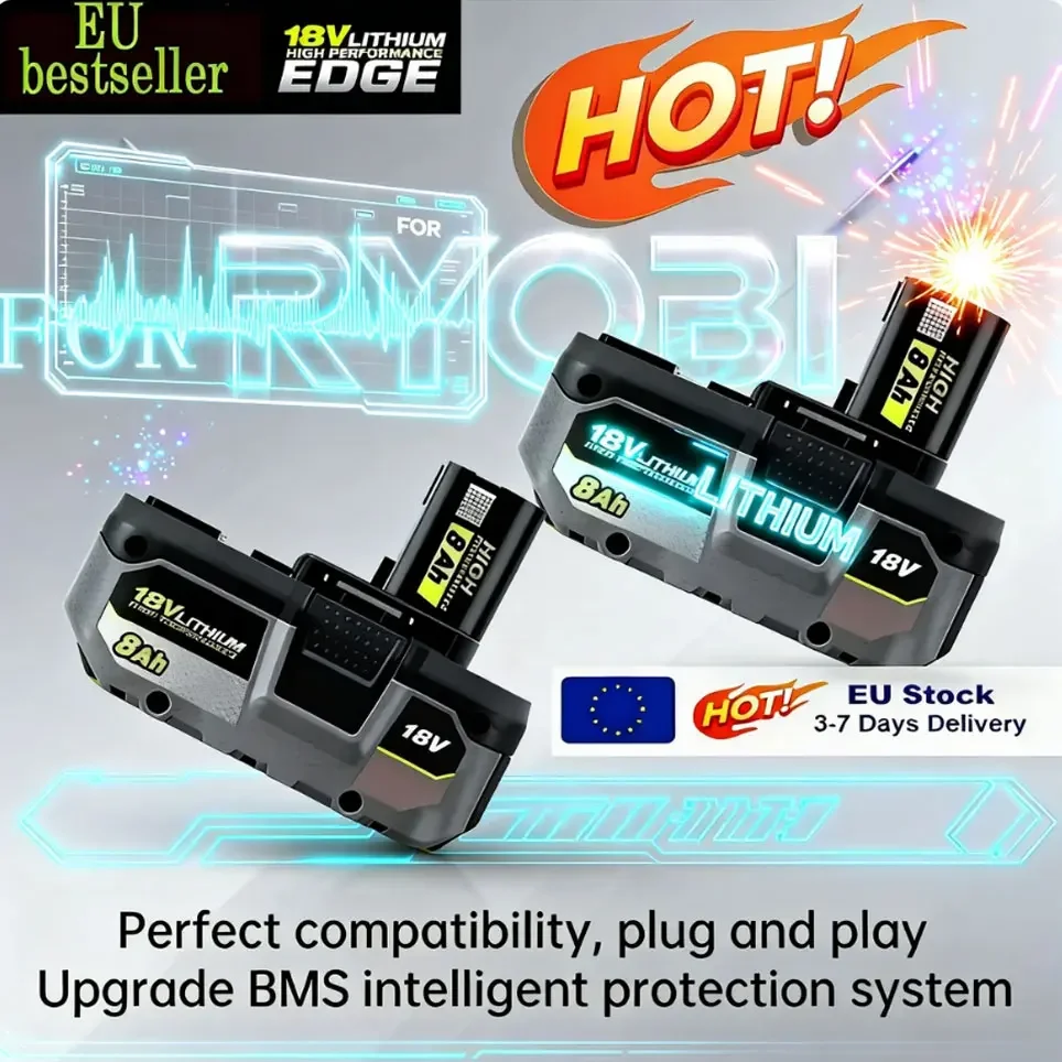 Batteria ad alte prestazioni agli ioni di litio RYOBI 18V ONE+8.0Ah, modelli P109, P108, P107, compatibile con tutti gli utensili elettrici della serie ONE+.