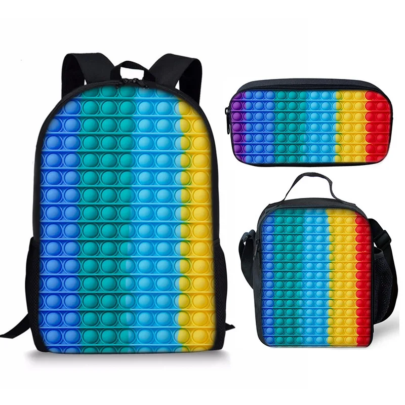 Cartoon Rainbow Colorful Push Bubble 3pcs/Set Backpack 3D Print Student Bookbag Anime Laptop Daypack Lunch Bag Pencil Case