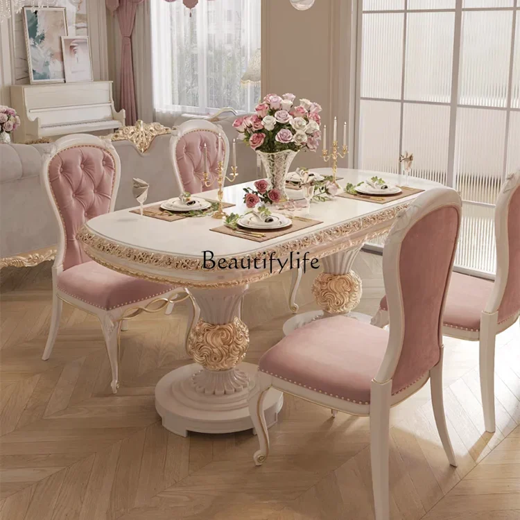 

GFrench light luxury retro style solid wood dining table carved pink rectangular dining table and chair combination