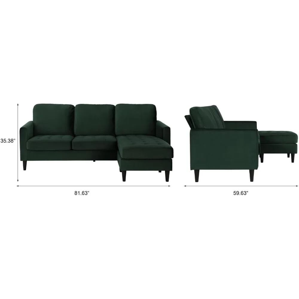 Strummer Modern Reversible Sectional Couch Upholstered in Green Velvet Fabric with Floating Ottoman