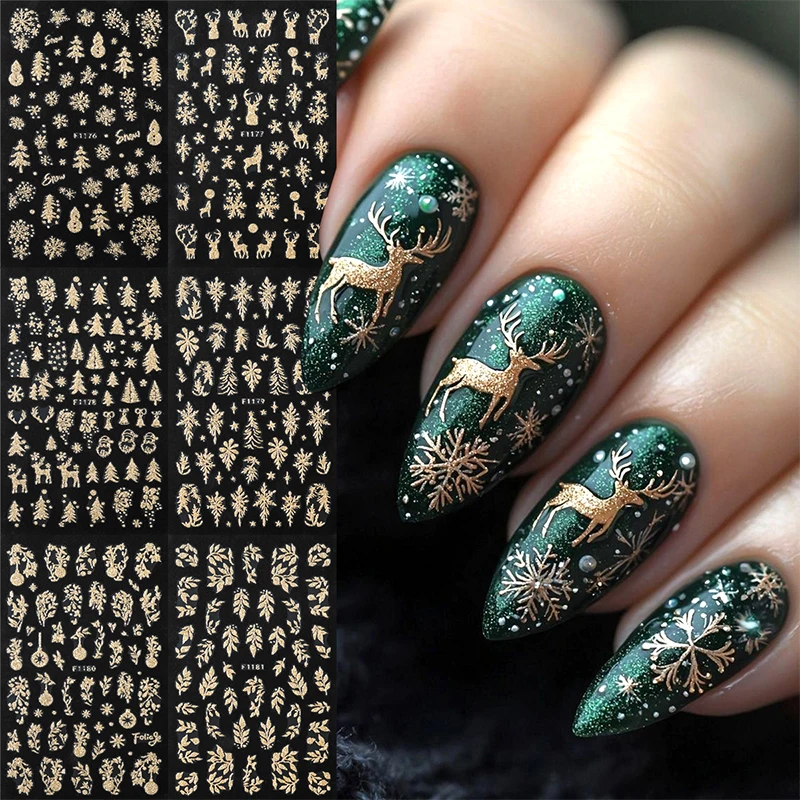 6pcs Sparkly Gold Christmas Nail Stickers Reflective Glitter Snowflake Deer Xmas Tree Leaf Winter Adhesive Slider Decals Decor