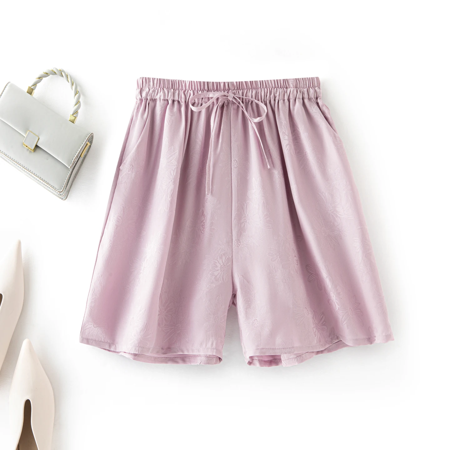 Ropa de moda para mujer, 100% seda de morera Natural, Margarita, Jacquard, satén, cintura elástica, pantalones de pierna ancha informales sueltos de Color sólido