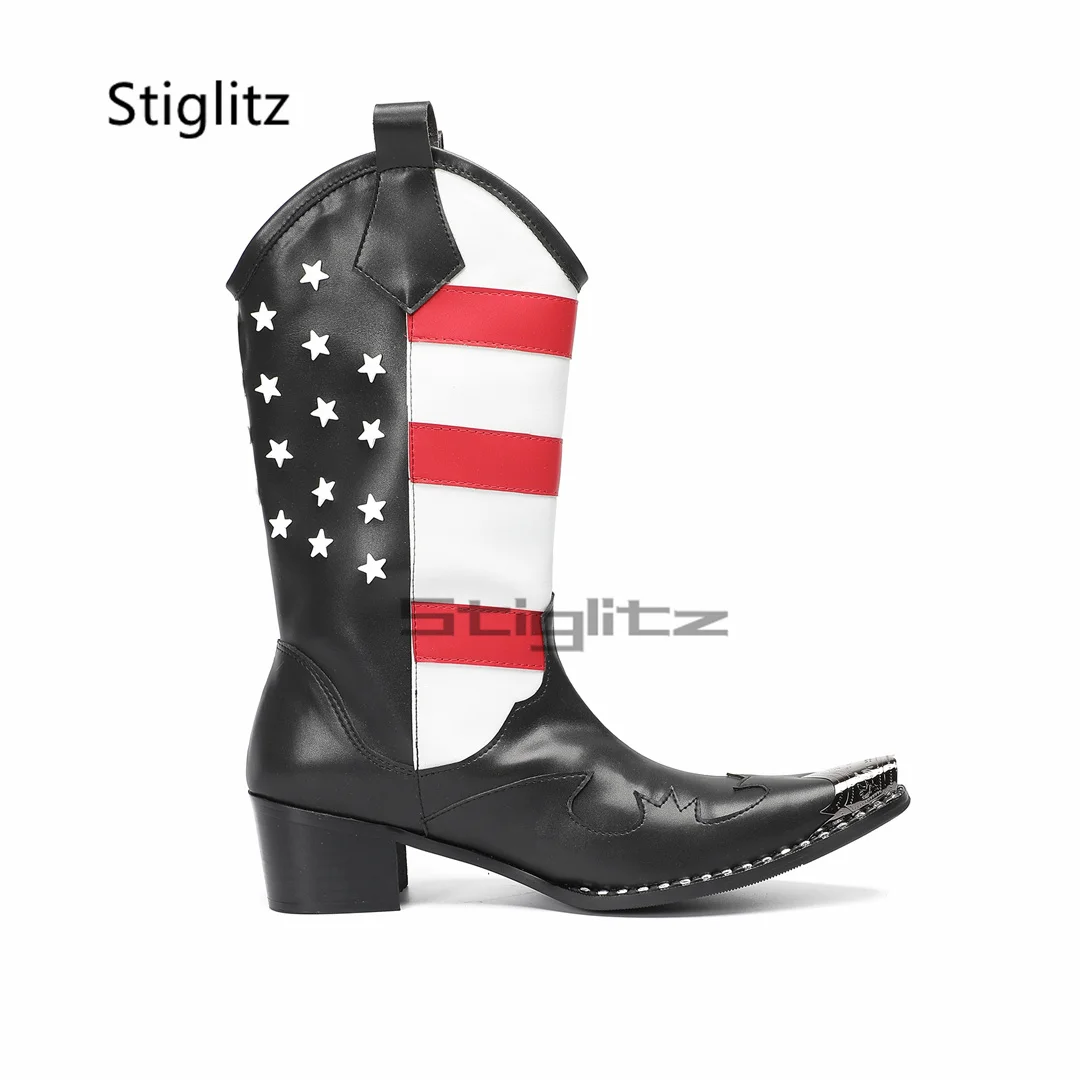 Men's Red White Striped Riding Boots Embroidery Totem High Heels Knight Boots Genuine Leather Patckwork Metal Toe Mid-Calf Boots