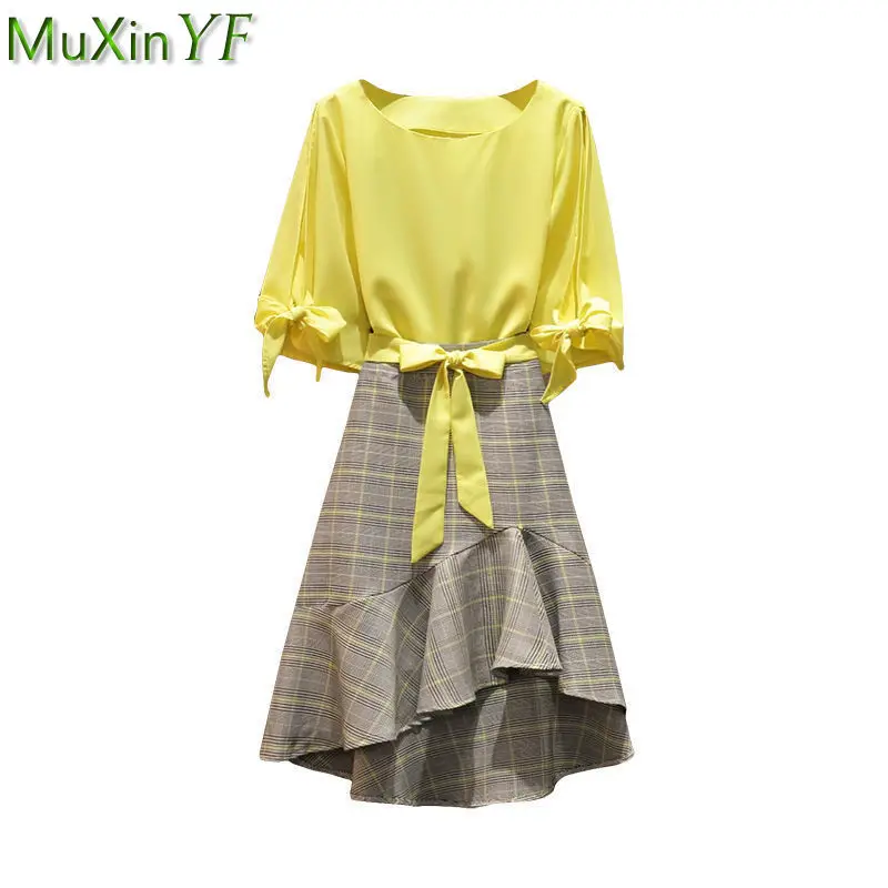 2022 Summer Women's Fashion Bowknot Shirt Plaid Skirts Suit Lady Graceful Two Piece Dress Set Korean Student Mermaid Skirt Tops