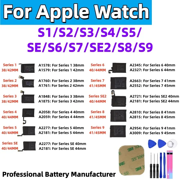 Replacement Battery For Apple Watch Series 1 2 3 4 5 6 7 8 9 SE SE2 38/40/41/42/44/45mm Lithium Polymer Repair Battery+FreeTools