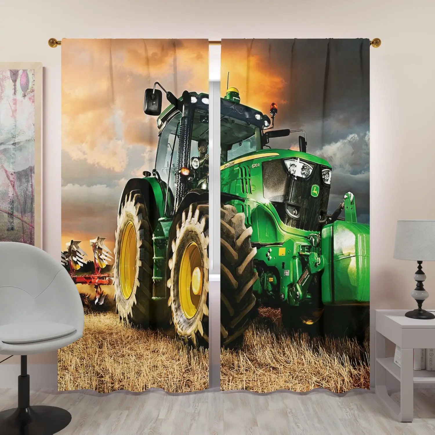 Large Farm Tractor Field Scene Curtain Waterproof Home Decor Curtain for Rustic Barn Style Window Treatment