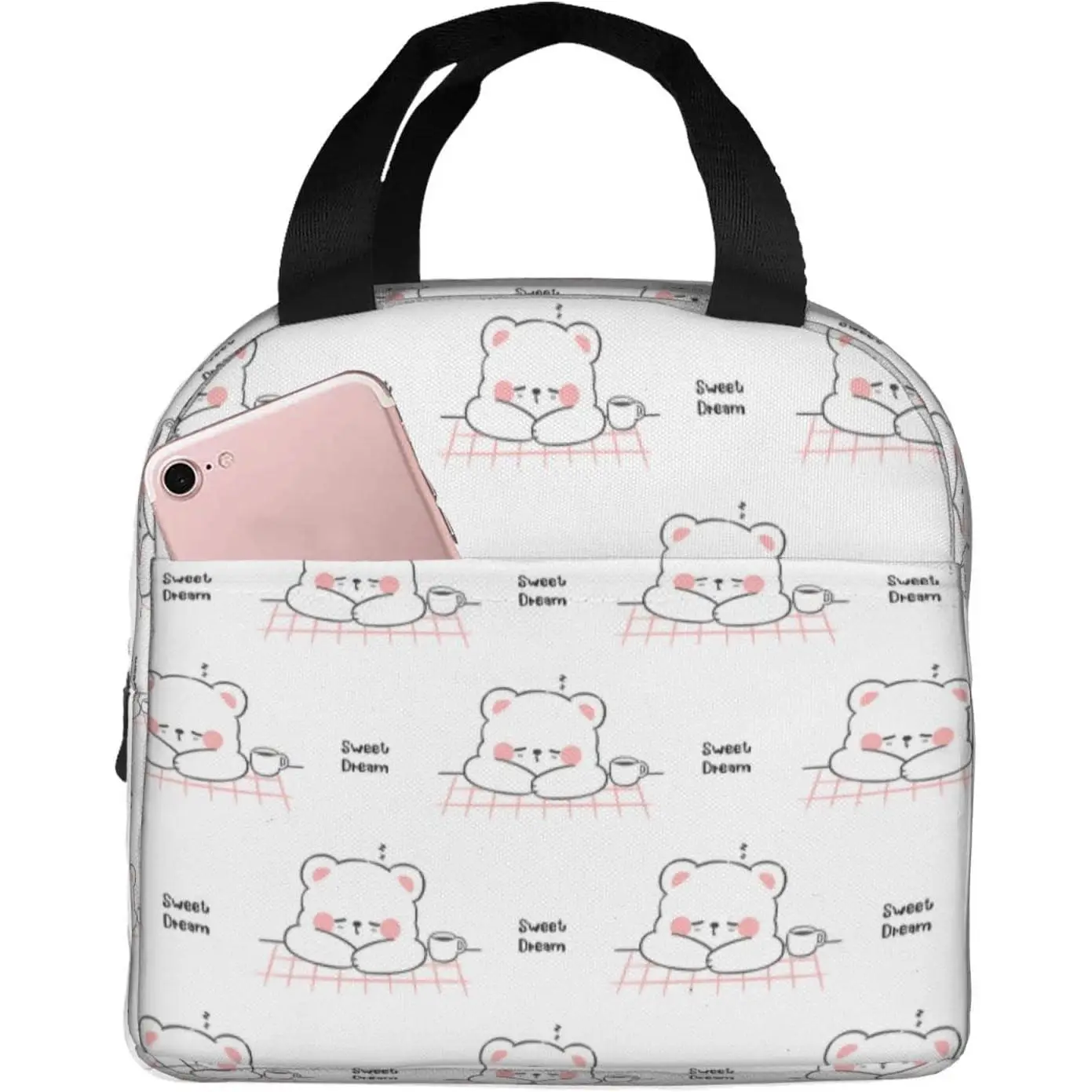 

Cute White Bear Sleeping Lunch Box Bento Box Insulated Lunch Boxes Reusable Waterproof Lunch Bag With Front Pocket For Travel