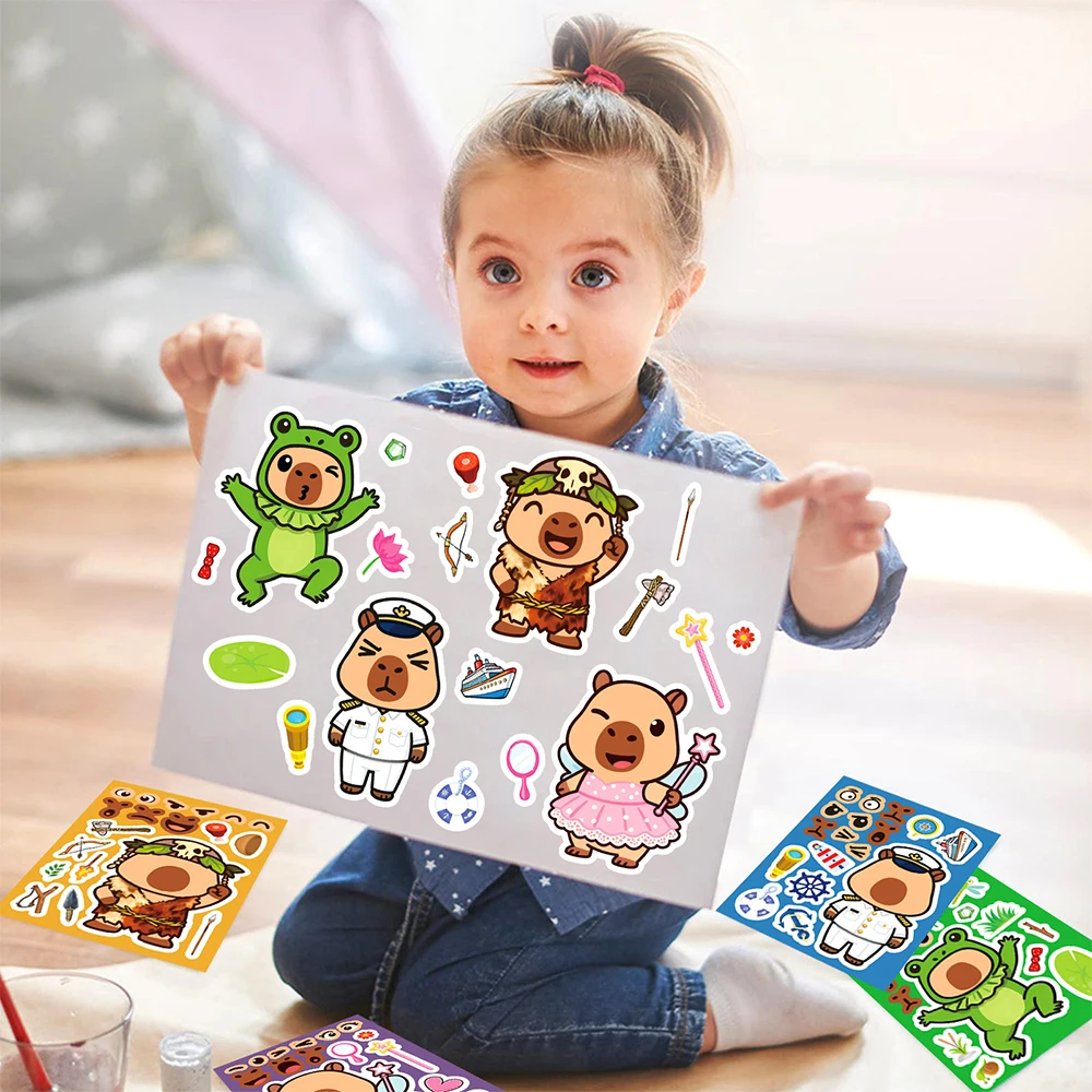8/16sheets Creative Capybara Puzzle Stickers Make a Face Game Sticker Funny Assemble Jigsaw DIY Cartoon Decals Party Toys Gifts