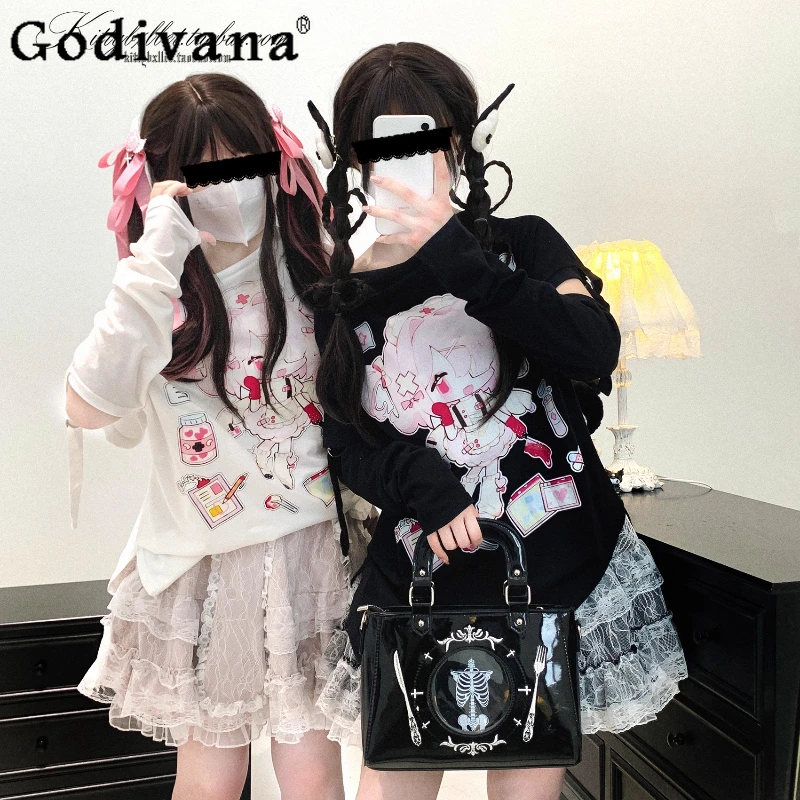 

Original Subculture Mine Top Autumn Summer Japanese Girls Sweet Kawaii Splicing Sleeves T-shirt Student Y2K Anime Print T-shirt