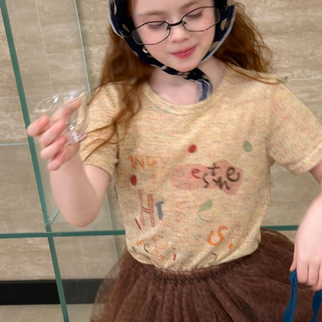 

Girls T-shirt 2026 Spring and Summer New Childrens Clothing Korean Girl Baby Cute Cartoon Knitted Colorful Short-sleeved T-shirt