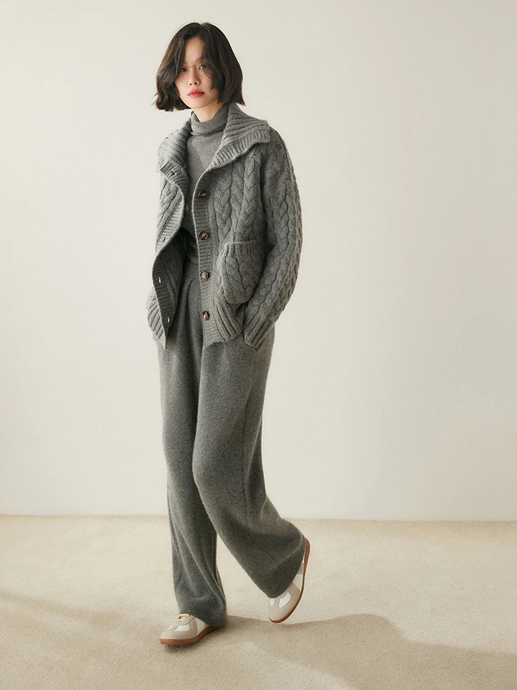 اختيار الوزن الثقيل النساء 100% سترة الكشمير المعنقة الياقة المدورة كابل الحياكة سترة الخريف الشتاء سميكة الدافئة الكشمير تريكو #1