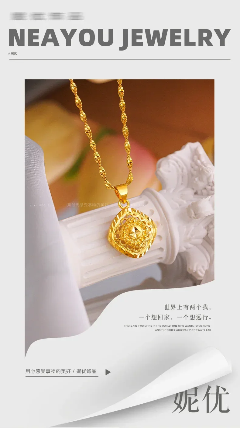 High Quality 999 24K Real Gold Necklace Temperament Womens AU750Diamond Pattern Small Square Pendant Clavicle Necklace