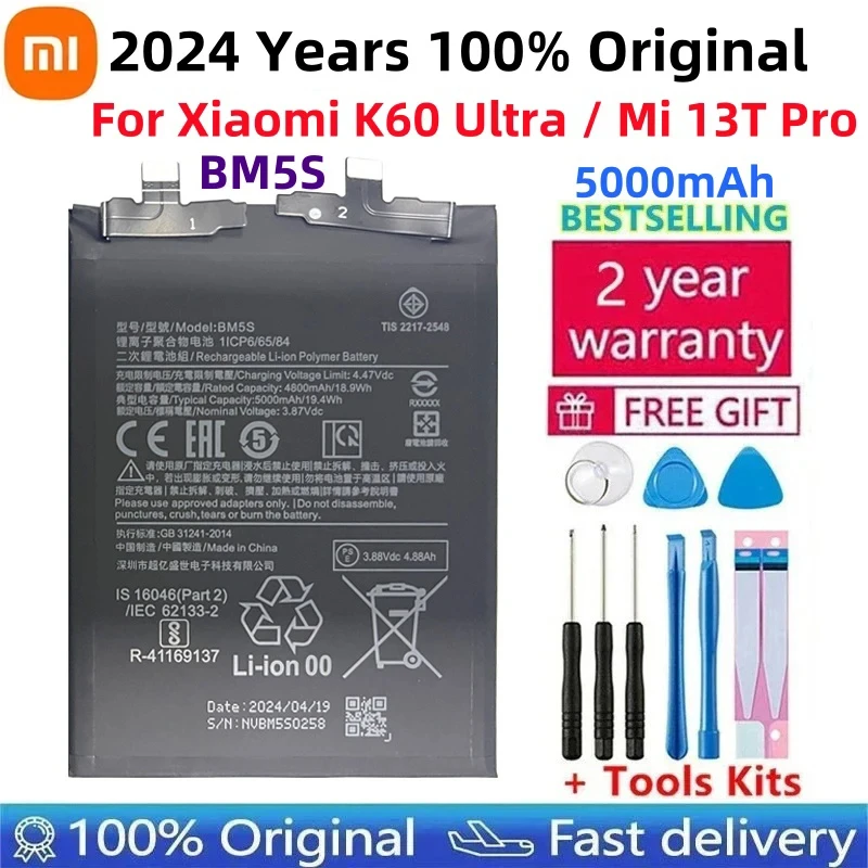 2024 Years 100% Original Phone Replacement Battery BM5S 5000mAh For Xiaomi K60 Ultra / Mi 13T Pro Batteries Fast Shipping