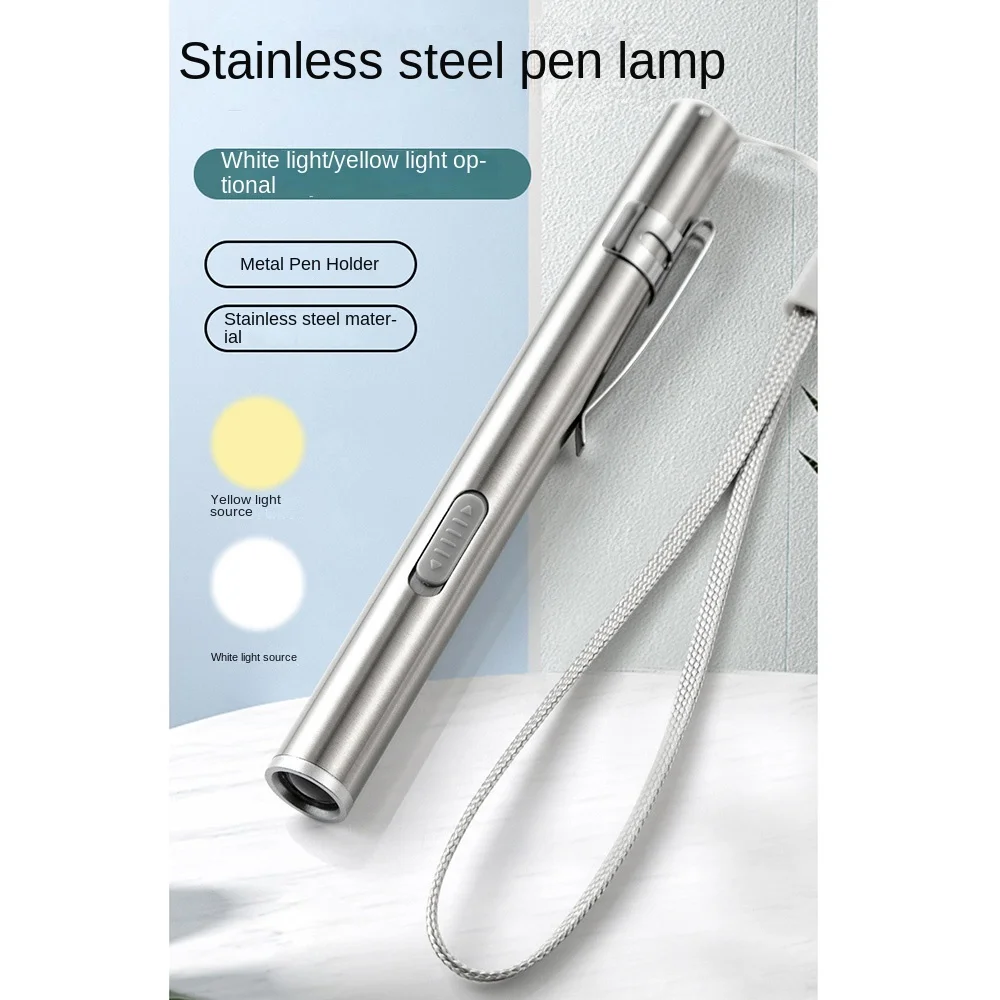 Stainless Steel Doctors Pen Light Yellow/ White Light with Steel Clip Nurse Pocket Flashlight Portable Energy-saving