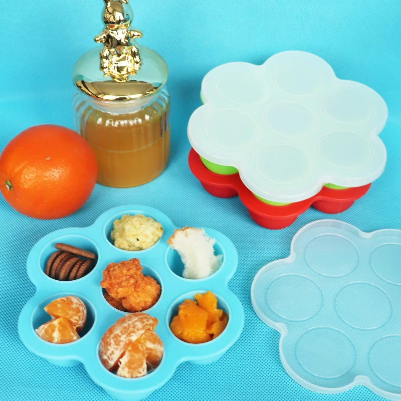 7-Hole Complementary Food Box with Lid Baby Food Storage Fresh-keeping Box Silicone Ice Grid Jelly Refrigerated Storage Box 254