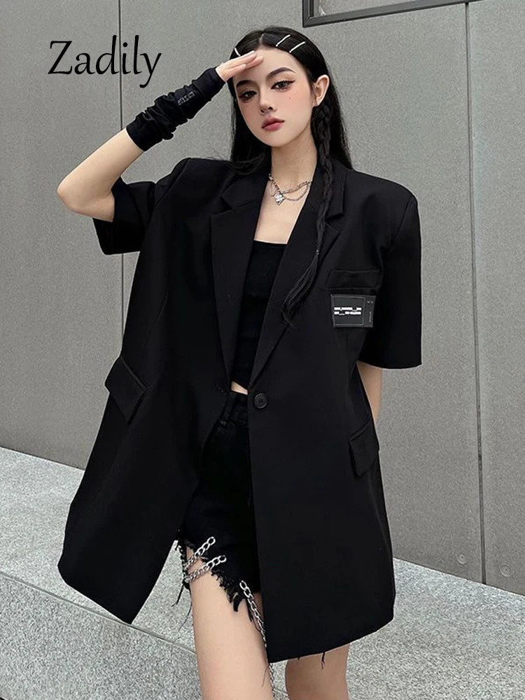 2024 Summer Office Lady Short Sleeve Women Black Blazer Single Button Oversize Work Suit Appliques Ladies Suit Female Coat