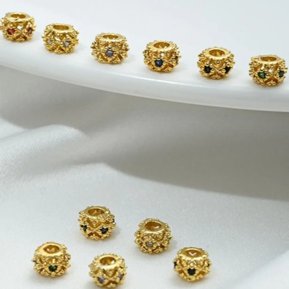 

Copper Bead 18K Gold Color Inlaid Color Zircon Hollow Wreath Bead Divided DIY Handmade Beaded Bracelet Accessories