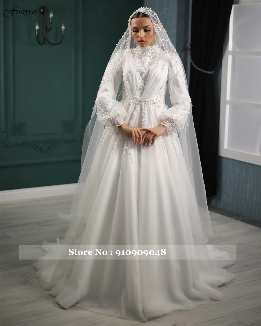 2025년 신부를 위한 펀유 히잡 무슬림 럭셔리 웨딩드레스, A라인 진주 비딩 스쿠티아 슬루브나 긴팔 신부 드레스 신상품
